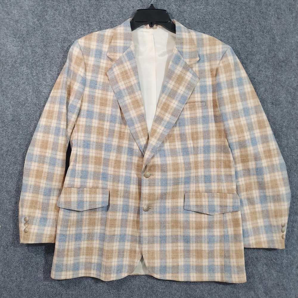 Vintage Lee Blazer Mens‎ Large Beige Blue Plaid Sport Coat Jacket 70s Wool Blend